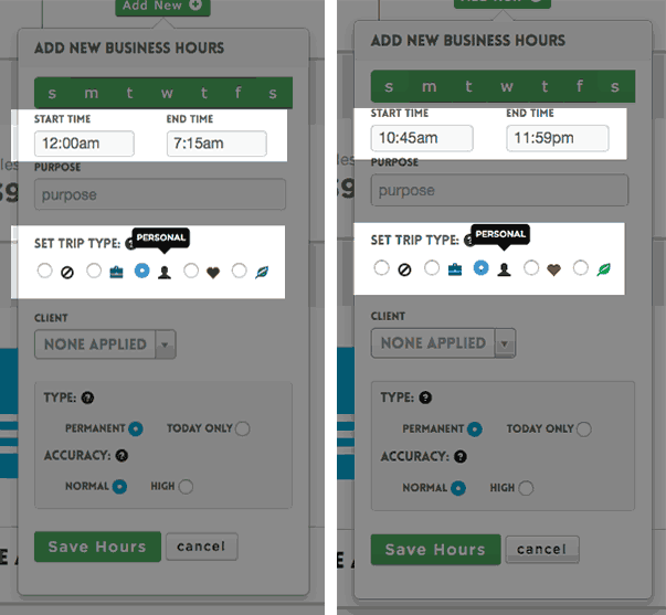 Settings for personal driving hours for automatic business trip detection